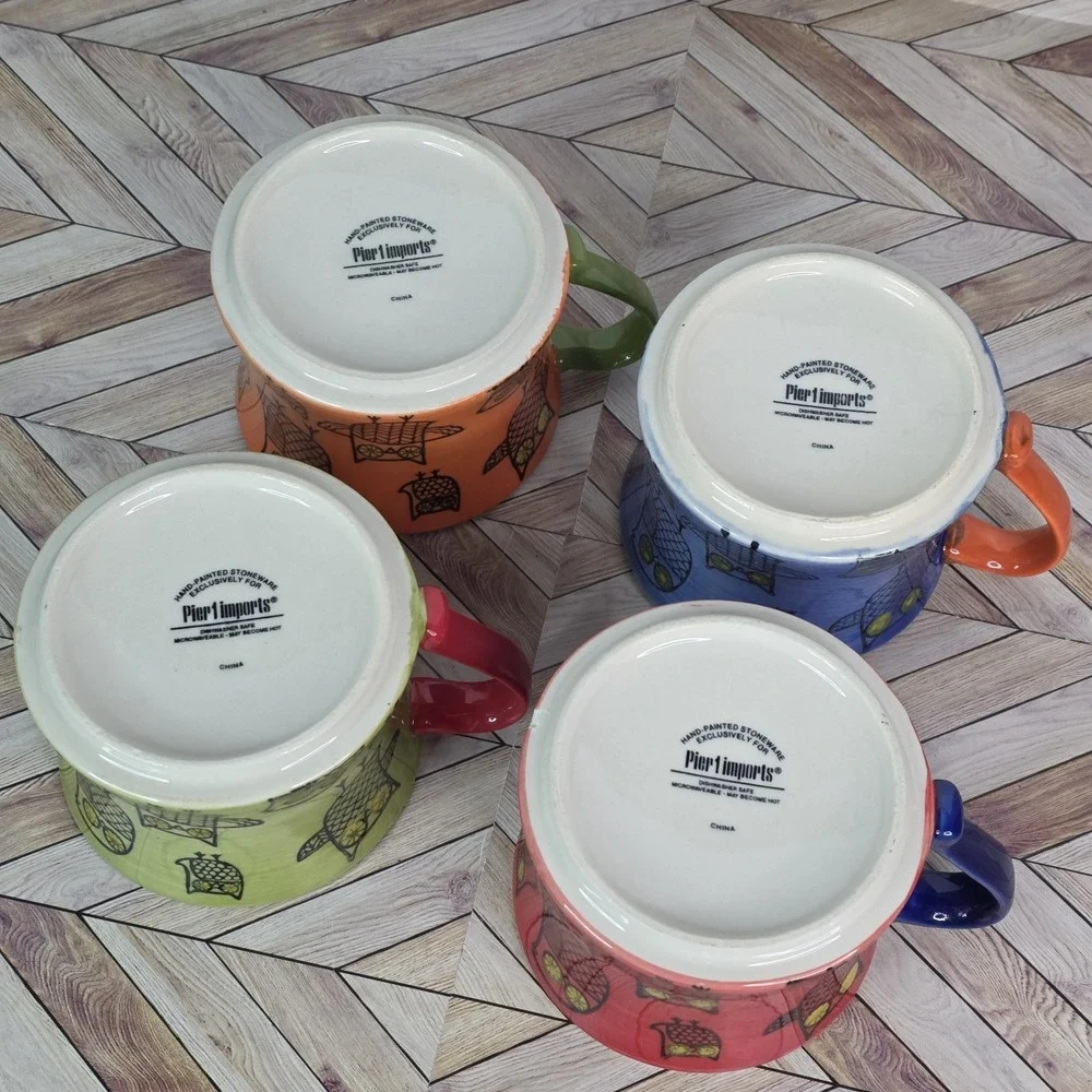 Pier 1 Imports Handpainted Owl Stacked Coffee Tea Mugs Cups Set of 4